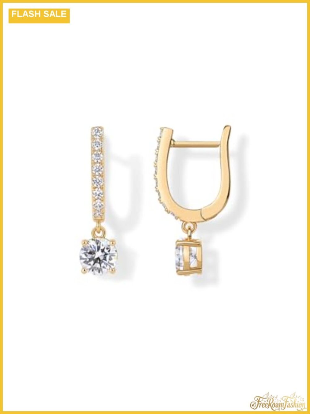 14K Gold Plated Dangle Hoop Earrings with CZ Stones | Bridal Drop Earrings